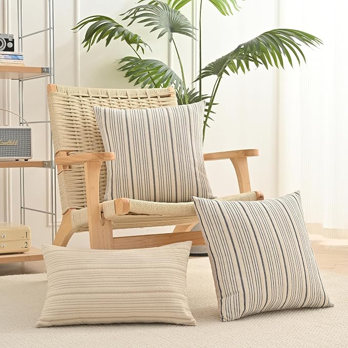 Tan Outdoor Striped Set of 2 Throw Pillow Covers 12x20 Cream Beige | Pack of 2 Pillow Cases Farmhouse Decorative Square Throw Pillows for Couch Sofa Bed
