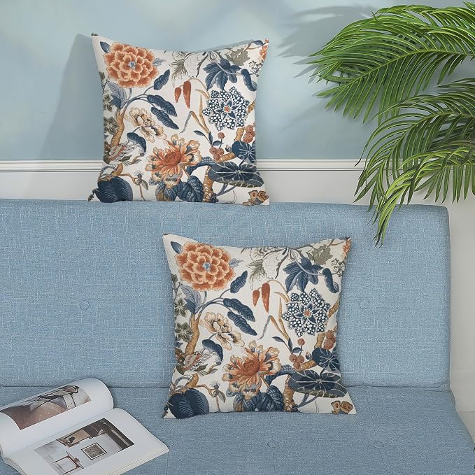 Navy Blue Orange Pillow Covers 18x18 Inch Set of 2 Vintage Blue Floral Throw Pillows Chinoiserie Flower Decorative Pillow Case Outdoor Linen Farmhouse Cushion Cover for Couch Sofa Decorations