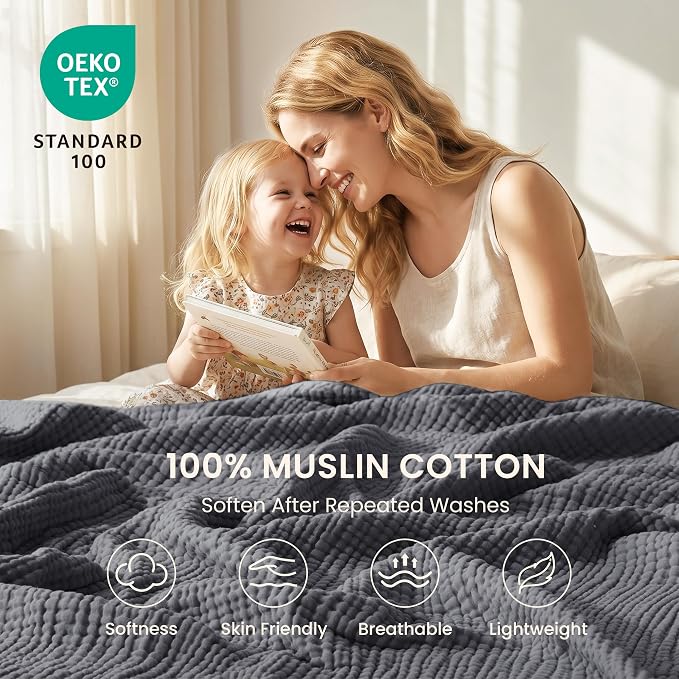 Love's cabin 100% Cotton Muslin Blanket, 6 Layer Lightweight Breathable Gauze King Size Blanket 108 x 90 Inches, Soft Summer Blanket for Bed, Dark Grey