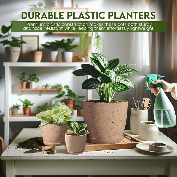 Plant Pots Indoor with Drainage 5 Pack Multisize Planters Spotty Peach Pink | Drainage holes included Multiple sizes 7/6.6/6/5.3/4.8 In Indoor plants and flowers Durable plastic construction