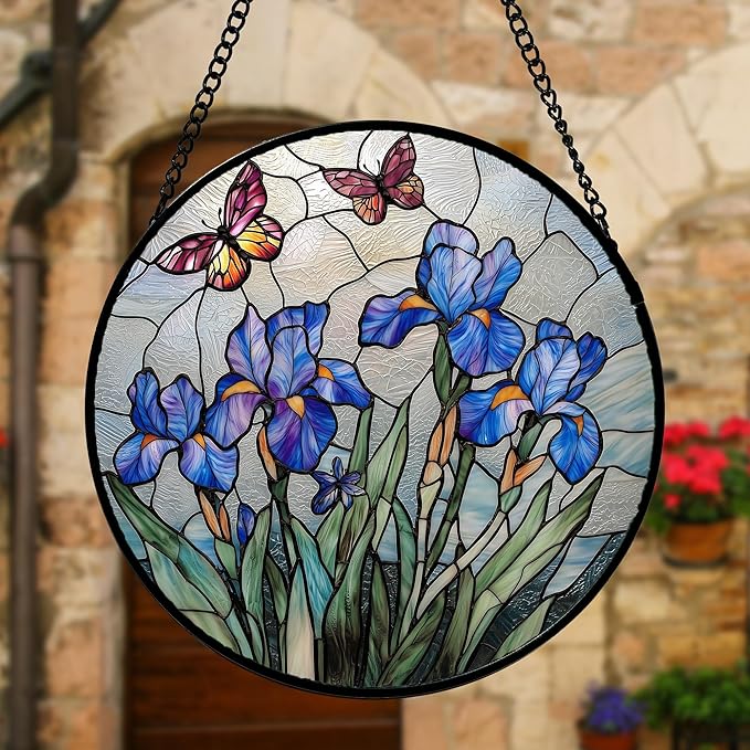 Stained Glass Window Hanging, Blue Iris Flowers Butterfly Suncatcher Diamond Colorful Glass Panel Sun Catchers Decor for Birthday for Women, Men, Wife, Aunt, and Mom 15x15 in