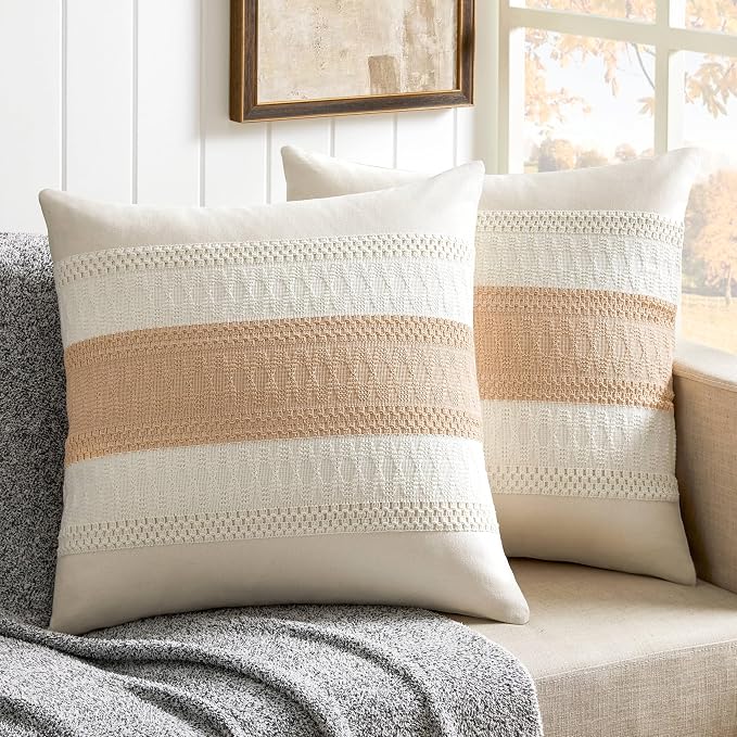 2 Pack Boho Throw Pillow Covers, Contrast Beige 22x22in | Soft Breathable Cotton, Farmhouse Decorative Couch Pillow Cases, Cushion Covers for Sofa Bed Living Room Home Decor