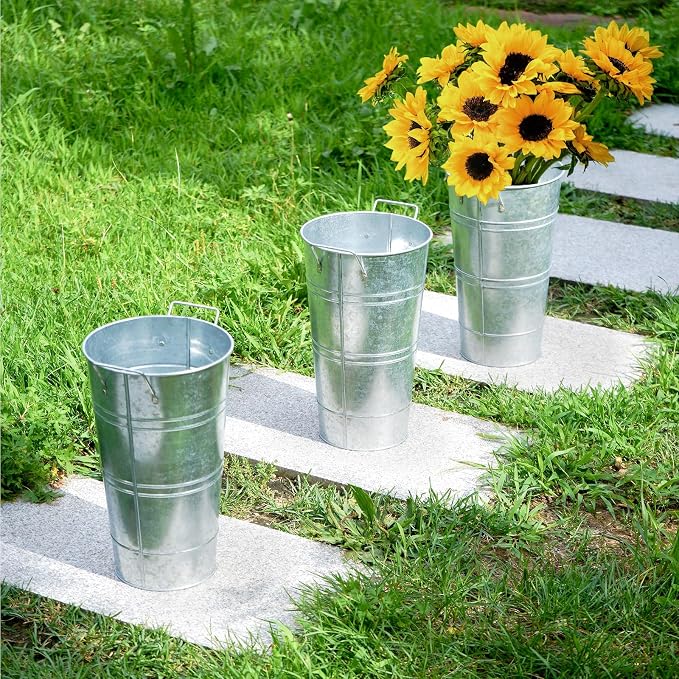 Notakia 12 Inch Large Galvanized Metal Vases Farmhouse French Flower Bucket Vases for Cut Flowers for Home Decor and Wedding Table Centerpiece Decorations (Large Silver Set of 4)