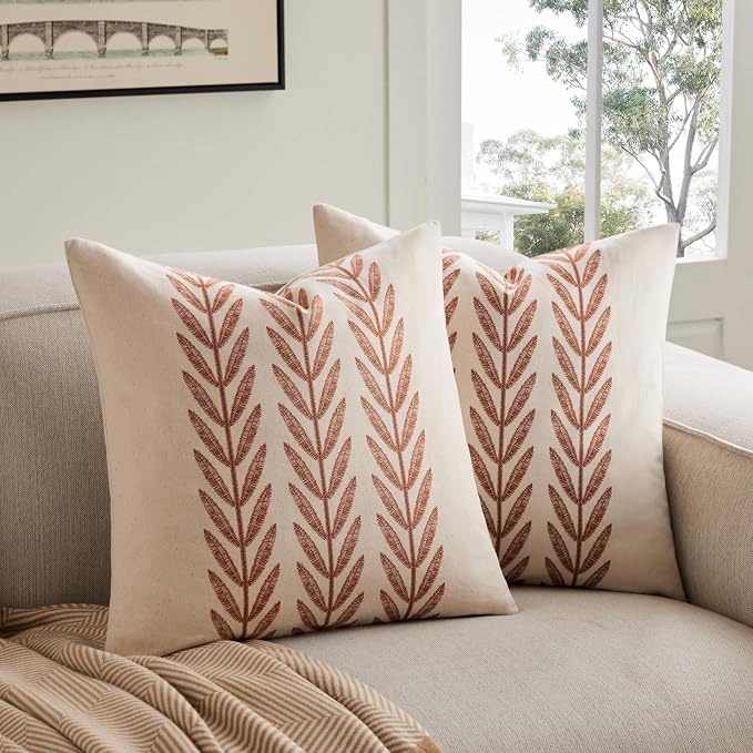 Farmhouse Leaves Throw Pillow Covers Set of 2, 22x22in Terracota | 100% Organic Cotton, Rustic Accent Print Pillow Case, Pastoral Decorative Cushion Covers for Sofa Bed Living Room Home Decor
