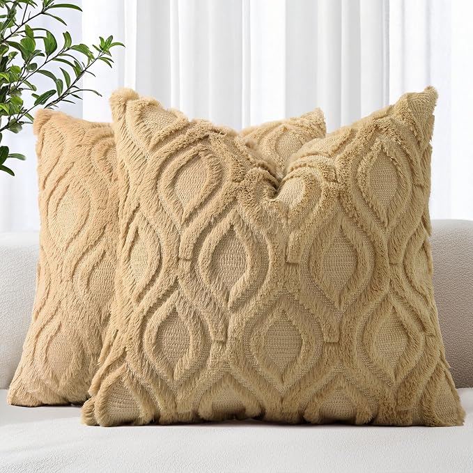 decorUhome Faux Fur Light Brown Khaki Throw Pillow Covers 26x26 Set of 2 | Plush Solid Fall Couch Pillow Covers, Accent Modern Farmhouse Neutral Decorative Soft Pillow Cases for Sofa Bed Living Room