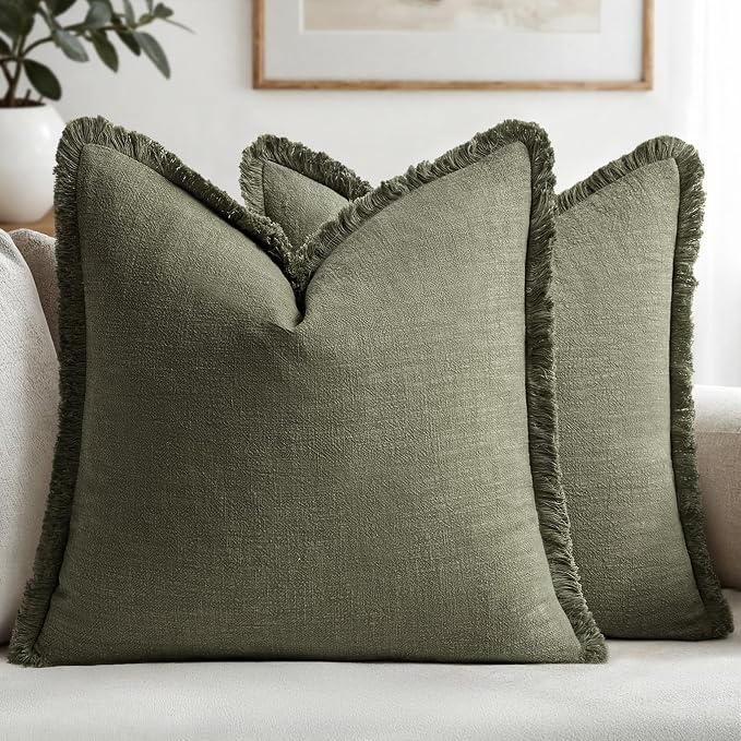 MIULEE Boho Linen Fringe Decorative Throw Pillow Covers Olive Green 18x18 | Set of 2, Cottagecore Decor, Boho Farmhouse Neutral Pillow Covers, Rustic Couch Cushion Cases for Sofa Bed Living Room