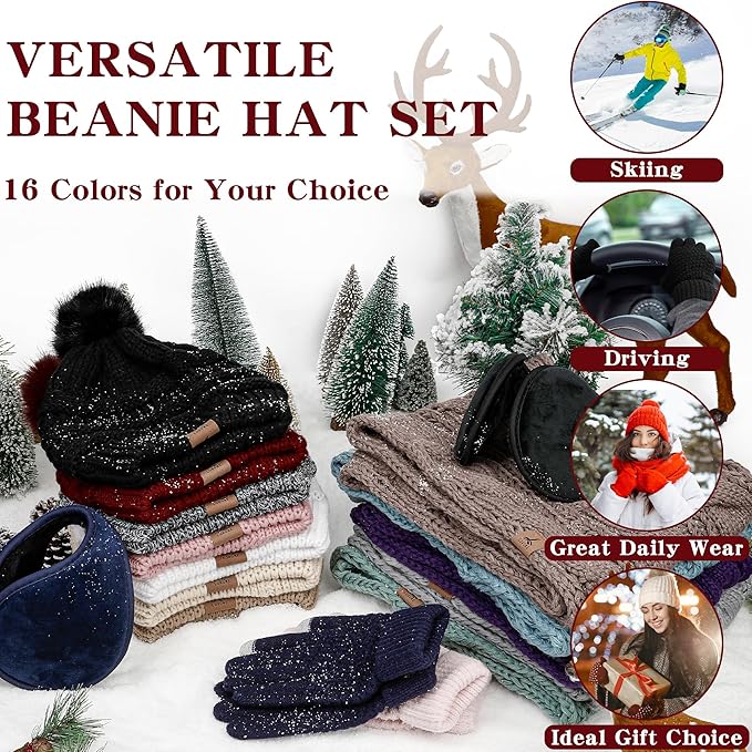 Winter Hat Scarf Gloves and Ear Warmer, Warm Knit Beanie Hat Touch Screen Gloves Set Winter Gifts Neck Scarves for Women