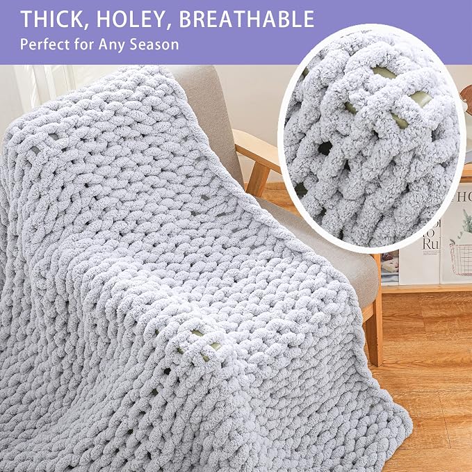 Bigacogo Chunky Knit Throw Blanket for Couch, 80x90 inches, Light Grey | Hand Knit with Jumbo Chenille, Soft Breathable Cable Knit for Sofa Bed Living Room, Machine Washable, Gift for Mom Friend