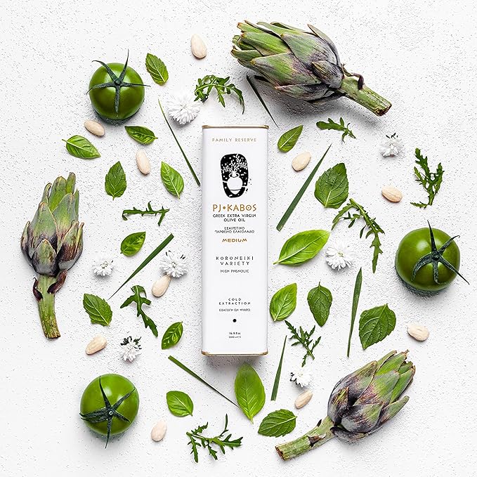 P.J. KABOS 2024/25 Harvest, High Phenolic (450+mg/kg), Premium Greek Extra Virgin Olive Oil, Kosher, Greece, Cold Extracted, 6 x 16.9 oz Tin, Koroneiki, "Family Reserve - Medium"