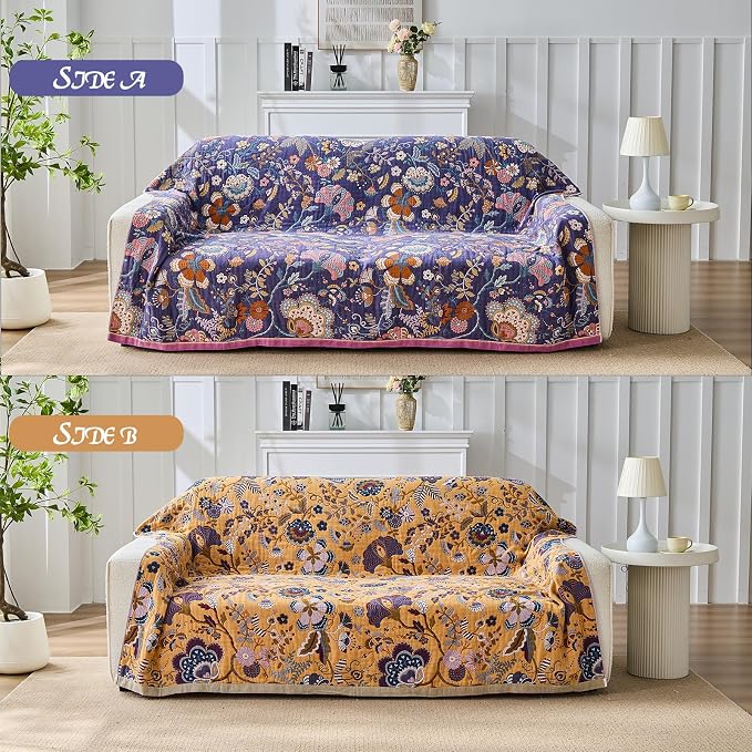 Boho Throw Blanket Farmhouse Decor Throw Blanket Bohemian Blanket for Bed 100% Cotton Muslin Woven Couch Blanket All Seasons Quilt Bedroom (H-Purple, 50"x60")
