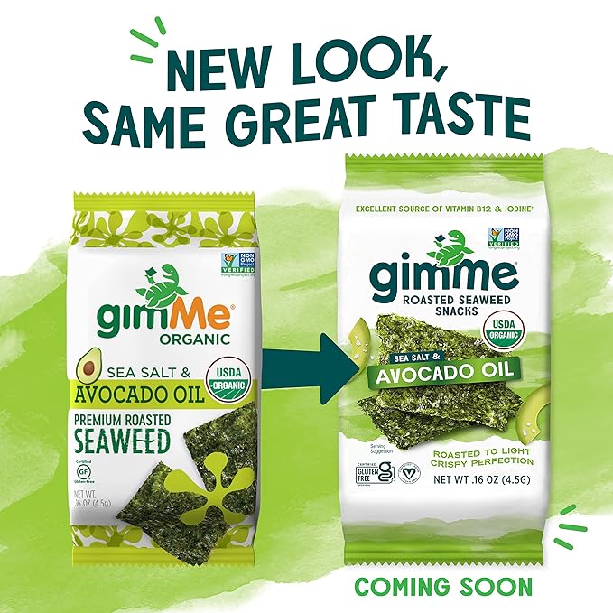 Gimme Seaweed Organic Premium Roasted Seaweed Snacks, Sea Salt & Avocado Oil, 6 Count, Keto, Vegan, Gluten-Free, Great Source of Omega3s and Iodine, Healthy On-The-Go Snack for Kids and Adults