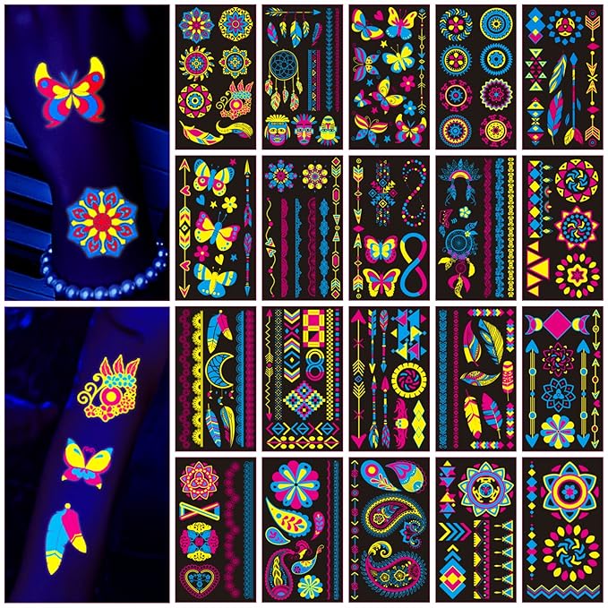 160 PCS Glow in The Dark Temporary Tattoos - Neon UV Blacklight Reactive Light Face Flash Tattoo Stickers,Festival Accessory Party Favors Supplies,Temp Great for EDM EDC Party Rave Parties 20 Sheet