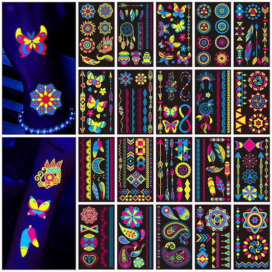 160 PCS Glow in The Dark Temporary Tattoos - Neon UV Blacklight Reactive Light Face Flash Tattoo Stickers,Festival Accessory Party Favors Supplies,Temp Great for EDM EDC Party Rave Parties 20 Sheet