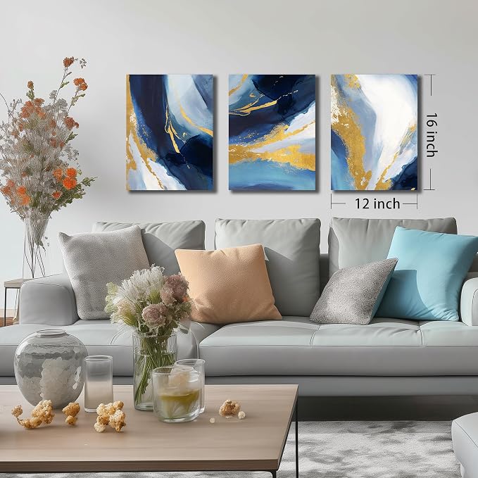 DNIEOTU Abstract Wall Art for Living Room, Blue White and Gold Canvas Wall-Decor for Bedroom, Picture Prints, Size 12 x 16 Inches 3-Pieces