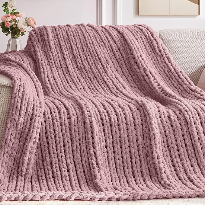 Negwoo Chunky Knit Throw Blanket, Knitted Throw Chenille Yarn, 40"*50" | Soft Thick Cable Knitted Blankets, Handmade Big Thick Blanket, Machine Washable Cute Comfy Blanket for Home Decor, Muted pink
