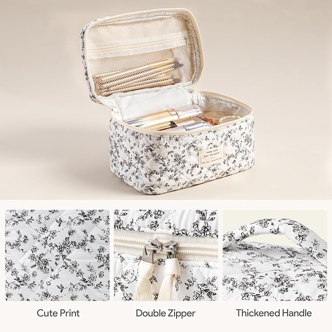 HBselect Quilted Makeup Bag, 3PCS Cotton Large Travel Makeup Bag, Cute Floral Coquette Make up Bag Cosmetic Bag Toiletry Bag for Women Girls