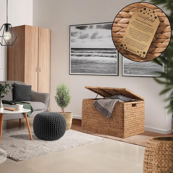Casafield 30" Storage Chest with Lid, Handles, and Safety Hinge - Cinnamon Brown, Hyacinth Wicker Storage Trunk for Entry Way, Living Room, Bedroom