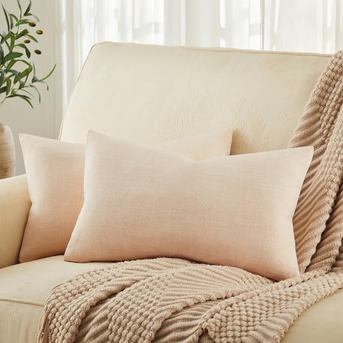 Rustic Linen Lumbar Pillow Covers Set of 2, Cream 12x20in | Textured Pillow Case, Rustic Cotton Linen Fabric, Modern Farmhouse Cushion Covers for Sofa Bed Living Room Home Decor