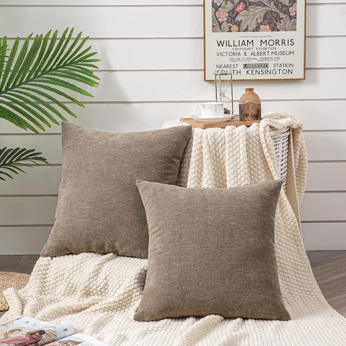 GAWAMAY Decorative Square Throw Pillow Covers Set of 2, Super Soft Chenille Farmhouse Fall Pillowcase for Living Room Bedroom Sofa Couch Home Decoration Cushion Cover Taupe Grey 55x55cm/22x22