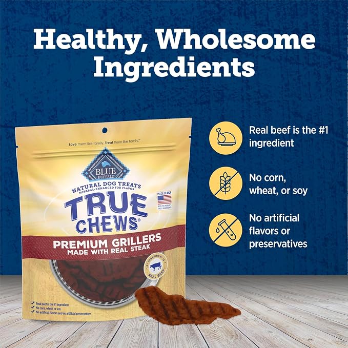 Blue Buffalo True Chews Premium Jerky Cuts Steak Dog Treats, 30 oz | Real Beef First, Oven-Dried, Easy to Tear, No Chicken By-Product, Corn, Wheat, or Soy