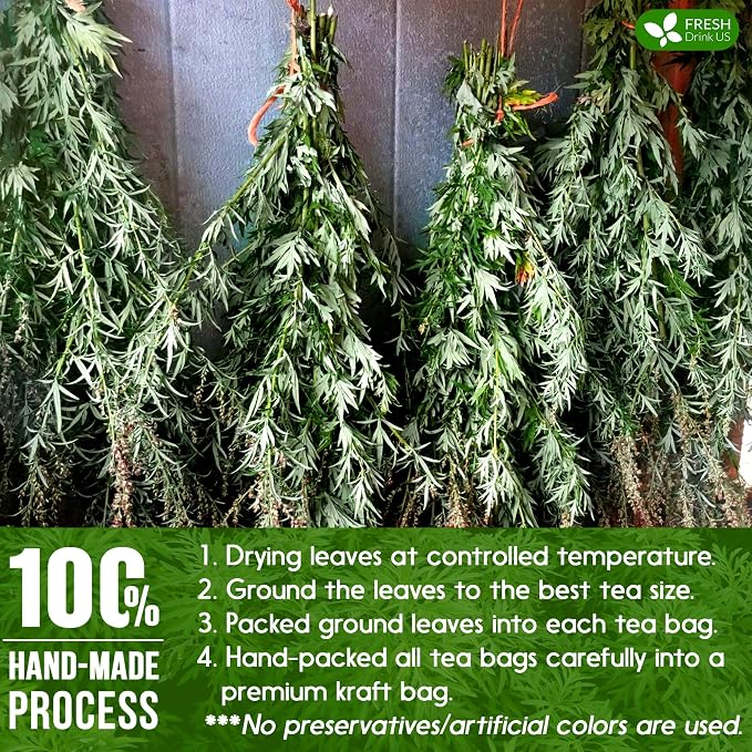 FreshDrinkUS, Premium 60 Mugwort Leaf Tea Bags, 100% Natural and Pure Mugwort Leaves. No Sugar, No Caffeine, No Gluten, Vegan.
