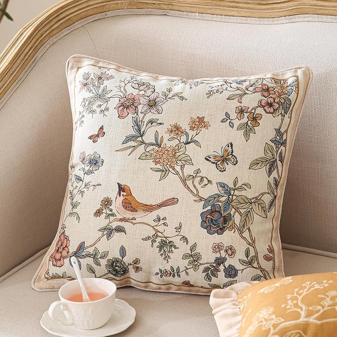 Designer Linen Throw Pillow Cover,Set of 2,18"x18"-Cornucopia A | Elegant French Square Pillow Cover,Concealed Zipper,Floral and Bird Pattern,Sofas,Bedroom,Living Room,Lounge Chairs