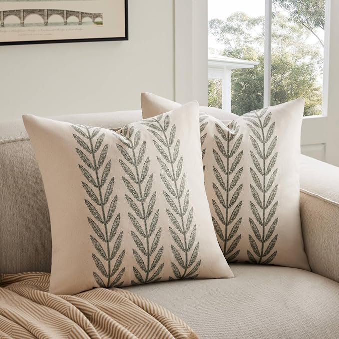 Farmhouse Leaves Throw Pillow Covers Set of 2, 20x20in Green | 100% Organic Cotton, Rustic Accent Print Pillow Case, Pastoral Decorative Cushion Covers for Sofa Bed Living Room Home Decor