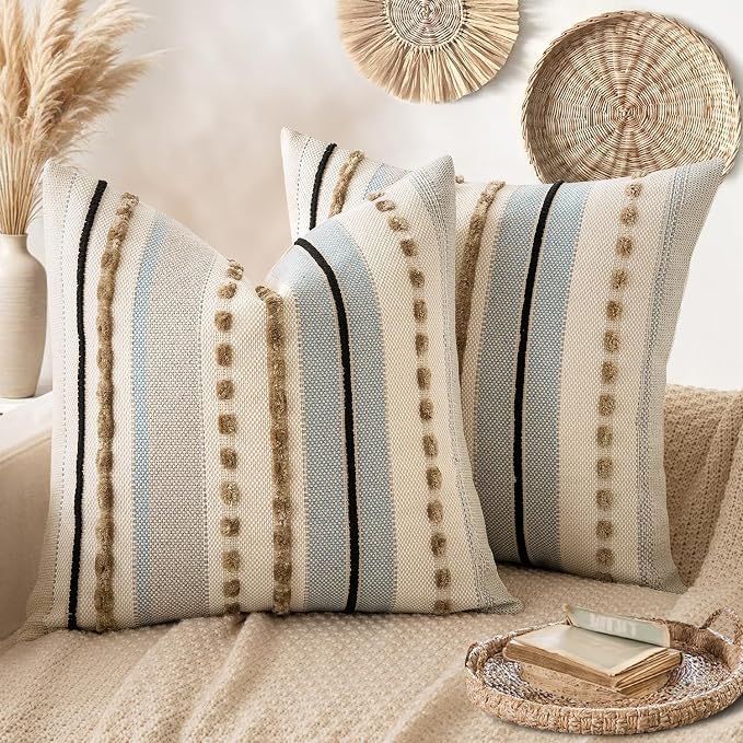 ANRODUO Boho Decorative Pillow Covers 22x22 Light Blue Stripe Pack of 2 | Euro Throw Pillow Covers, Farmhouse Cushion Case, Chenille Pillow Cases, Pillow Covers, Neutral Pillowcase for Sofa Couch Bed