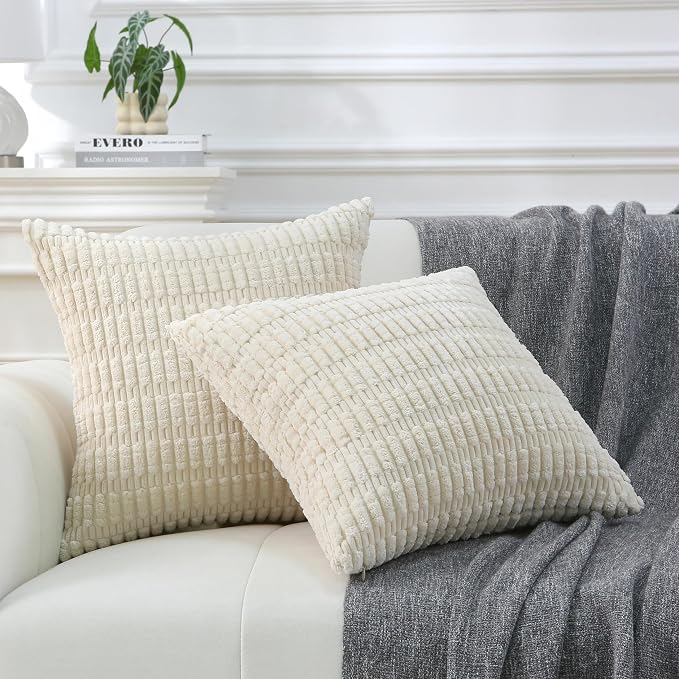2 Pack Corduroy Decorative Throw Pillow with Inserts, 18x18 Inch Soft Boho Throw Pillow, Square Striped Throw Pillows for Couch, Bed, Sofa Decor (White)