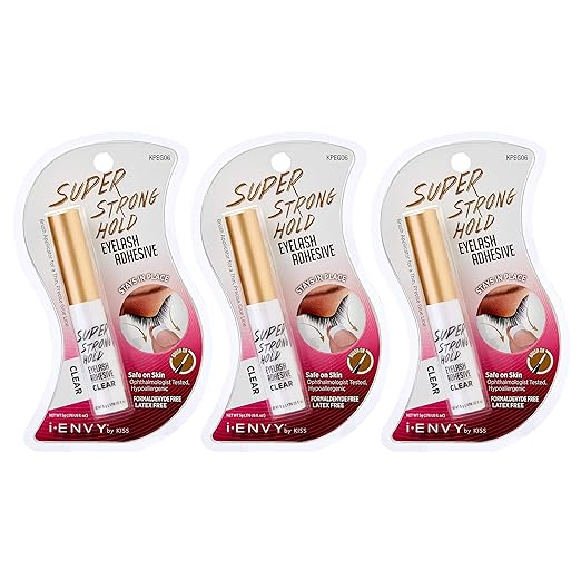 i•ENVY Super Strong Hold Eyelash Adhesive, Waterproof, 48-Hour Long-Lasting Lash Glue, Latex-Free, Hypoallergenic, Quick-Drying with Brush-On Applicator for Strip Lashes (Clear, 3 Pack)