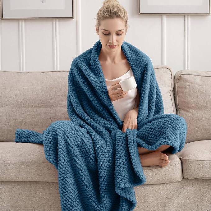 Blue Soft Fleece 300GSM Large Queen Blanket for Couch Cozy Flannel Room Decorative Blankets, Lightweight Plush Blanket for Bed Sofa, 90x90