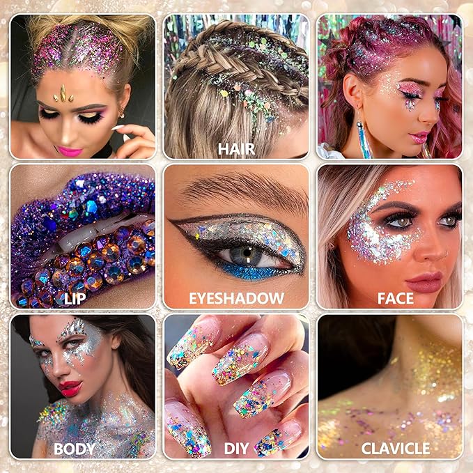 Lip Glitter Lipstick Mermaid Sequins for Lips Eye Hair, Singer Concerts Party Festival Sparkling Chunky Glitter for Women, Silver Lips