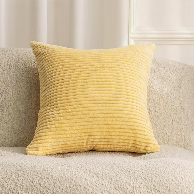 Home Brilliant Summer Pillow Cover 18x18 Decorative Striped Pillowcase Soft Plush Corduroy Throw Pillows for Couch Sofa Living Room Decor, 18 x 18 inch (45cm), Light Yellow