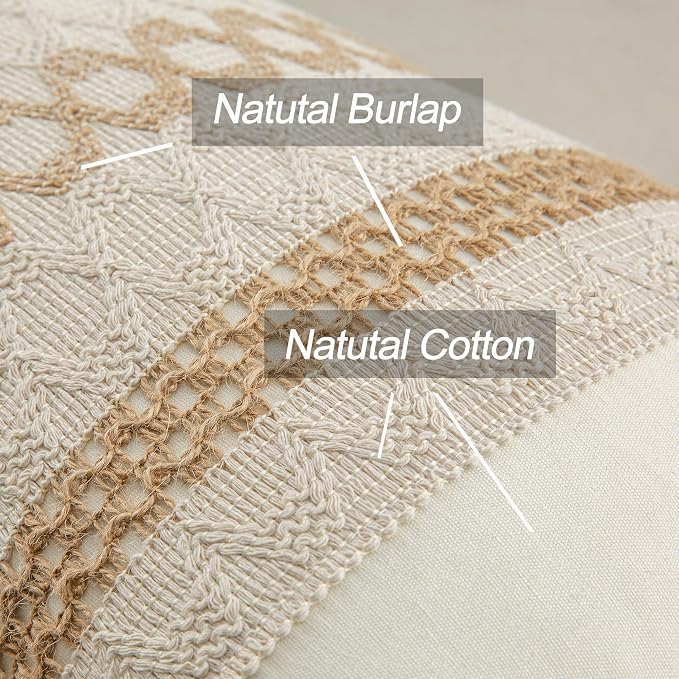 Throw Pillow Covers 18 x 18 Inch 1PC for Farmhouse Living Room, Cotton & Burlap Textured Striped Woven Boho Pillow Covers (Beige & Brown, Triple Striped)