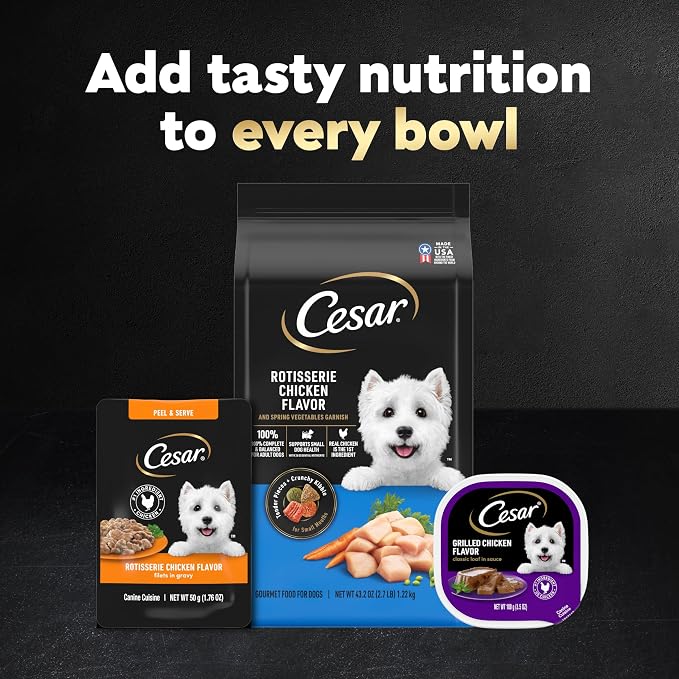 Cesar Mini-Pouch Wet Dog Food, Rotisserie Chicken, 1.76 oz, 20 Count | Real chicken #1 ingredient, protein-packed, no fillers or artificial flavors, easy peel-and-serve, slow-cooked tender texture