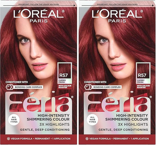 L'Oreal Paris Feria Multi-Faceted Shimmering Permanent Hair Color, R57 Cherry Crush (Intense Medium Auburn), Pack of 2 Hair Dye Kit
