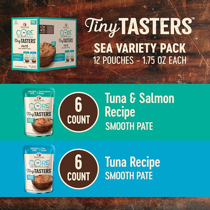 Wellness CORE Tiny Tasters Wet Cat Food Pate, Seafood & Poultry Variety Pack Bundle, 1.75-Ounce Pouches (Pack of 24)
