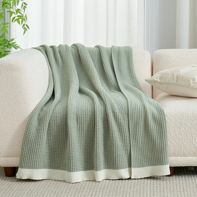Chenille Throw Blanket, Soft Cozy Waffle Throw for Couch & Sofa, Warm Yet Lightweight, Breathable All-Season Throws for Women Men, Housewarming, Birthdays, 50"x60", Green
