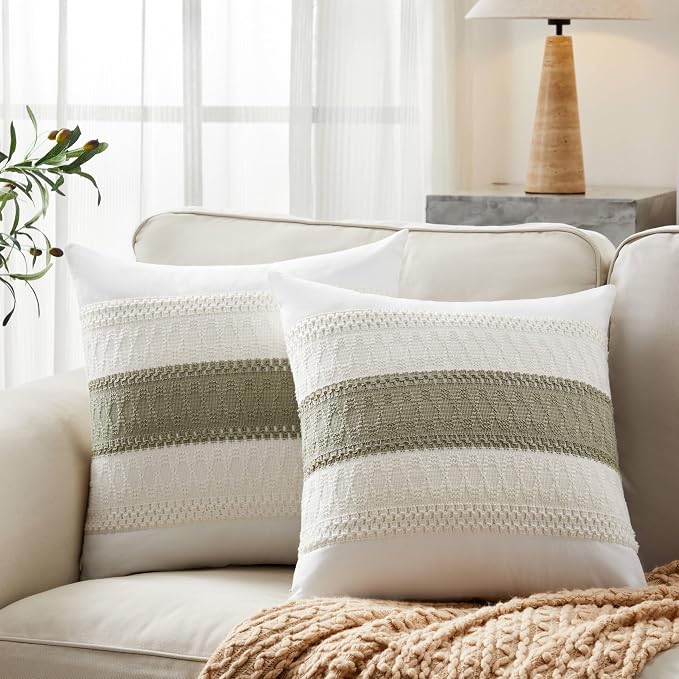 2pk Boho Pillow Covers 20x20, Natural White/Contrast/Dark Sage | 100% Organic Cotton Body, Stripe Embroidery, Farmhouse Decorative Cushion Covers for Sofa Bed Living Room Home Decor