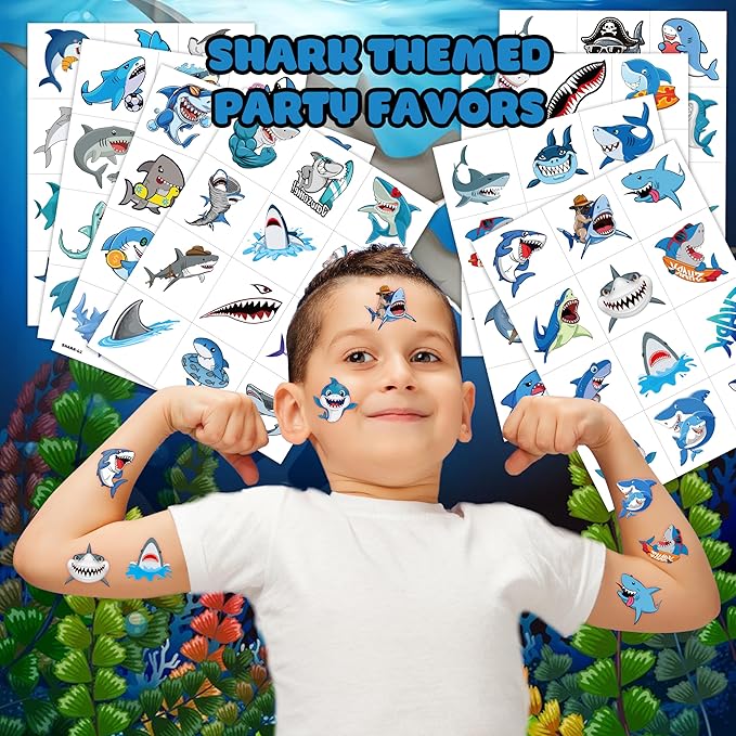 96 PCS Shark Pre-Cut Temporary Tattoos Sticker Sea Animal Fish Under The Sea Ocean Birthday Party Decorations Decor Favors Supplies Gifts Boys Girls Cute Fake Tattoo School Reward Themed (Normal)