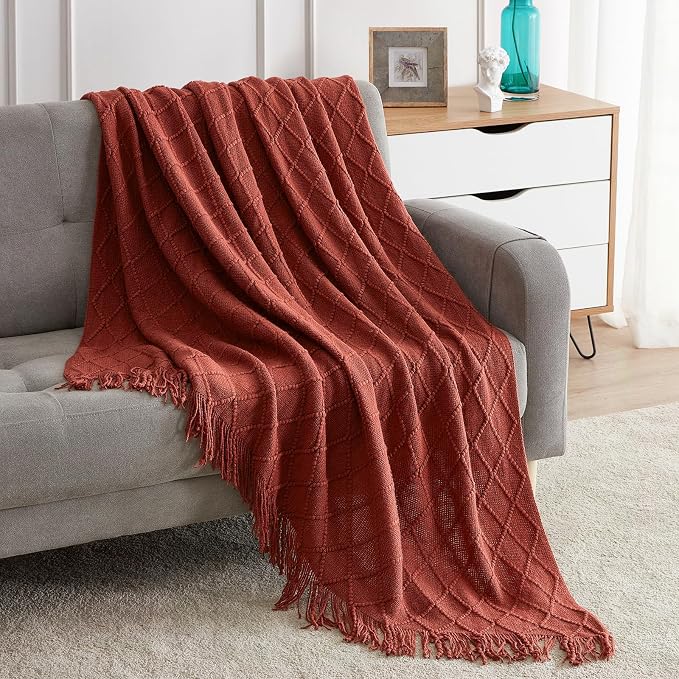 BOURINA Burgundy Throw Blanket 50 x90 Inches Throw Textured Solid Soft Sofa Throw Bed Runner Couch Cover Knitted Decorative Blanket Bed Runner