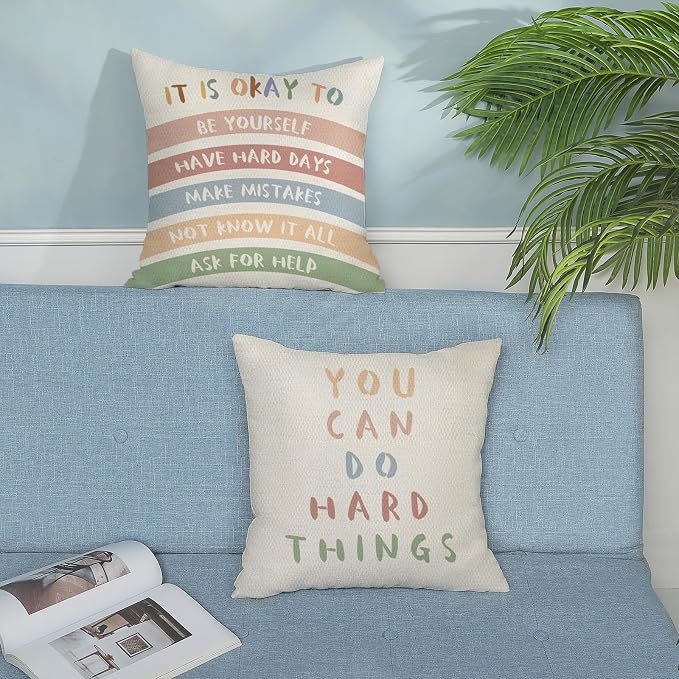 Boho Classroom Pillow Covers 18x18 Inch Set of 2 Preppy Throw Pillows Aesthetic Boho Rainbow Decor Inspirational Quotes Pillowcase Linen Outdoor Decorations Girl Kids Cushion Case for Bed Room