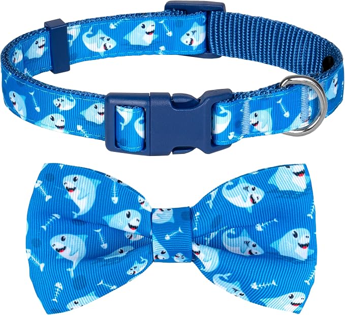 azuza Dog Collar with Bow Tie, Soft and Comfortable Adjustable Bowtie Dog Collar for Large Dogs (L, Shark)