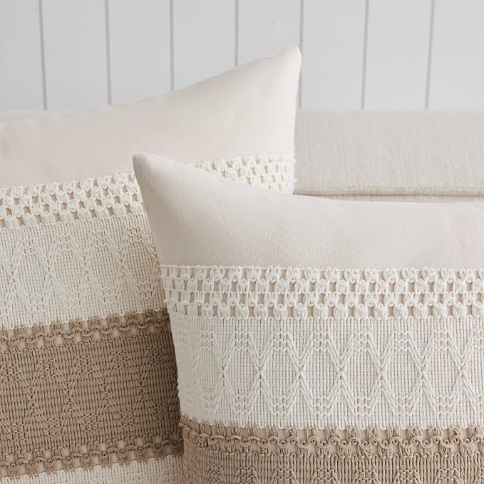 2 Pack Boho Throw Pillow Covers, Contrast Taupe 16x16in | Soft Breathable Cotton, Farmhouse Decorative Couch Pillow Cases, Cushion Covers for Sofa Bed Living Room Home Decor