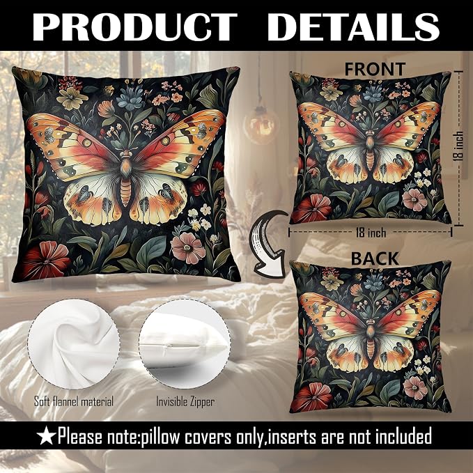 Colorful Floral Butterfly Pillow Covers 18x18, Retro Dark Cottagecore Wildflower Botanical Moth Decorative Throw Pillow Covers for Bedroom Living Room Home, Butterfly Room Decor