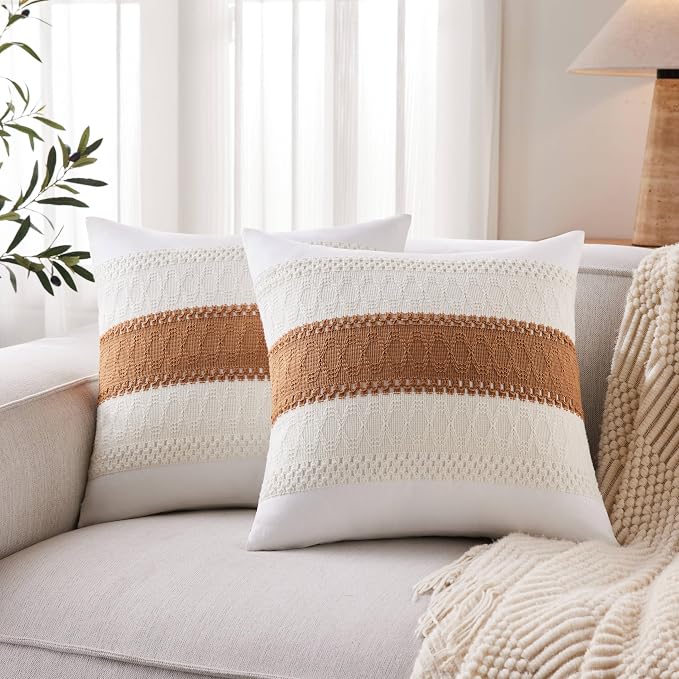 2pk Boho Pillow Covers 20x20, Natural White/Contrast/Caramel | 100% Organic Cotton Body, Stripe Embroidery, Farmhouse Decorative Cushion Covers for Sofa Bed Living Room Home Decor