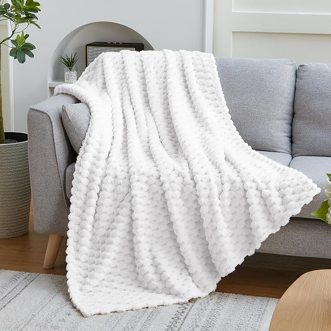 EXQ Home Gentle Soft Fleece Throw Blanket – Cozy Lightweight 3D Imitation Turtle Shell Jacquard Blanket for Couch Bed – All-Season Warm Fuzzy Flannel Blanket for Women Mom Her Gifts(60"x80",White)
