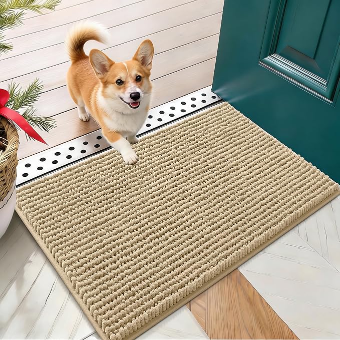 OLANLY Dog Door Mat for Muddy Paws 24x16, Extra Absorbent Chenille Mud Mat | Beige, Absorbs Moisture and Dirt, Non-Slip Machine Washable Doormat, Quick-Drying Indoor Entryway Floor Mat for Dogs