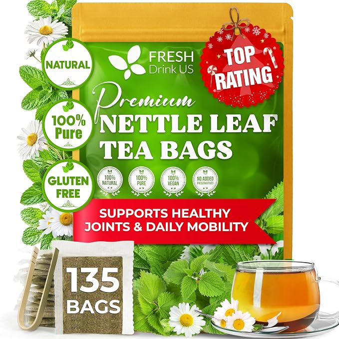 FreshDrinkUS, Premium 135 Nettle Leaf Tea Bags, 100% Natural & Pure, Stinging Nettle Leaf Tea, Burn Nettle, Stinging Nettle, Stinger Tea, No Sugar/Caffeine/Gluten, Vegan