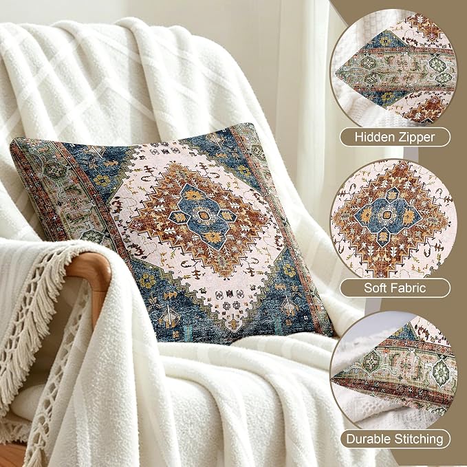 Boho Throw Pillow Covers 18x18 inch Set of 2,Soft Pillowcases Bohemia Carpet Printing Pattern Decorative Sofa Living Room Bed Square Pillow Case Cushion Cover-Blue Green